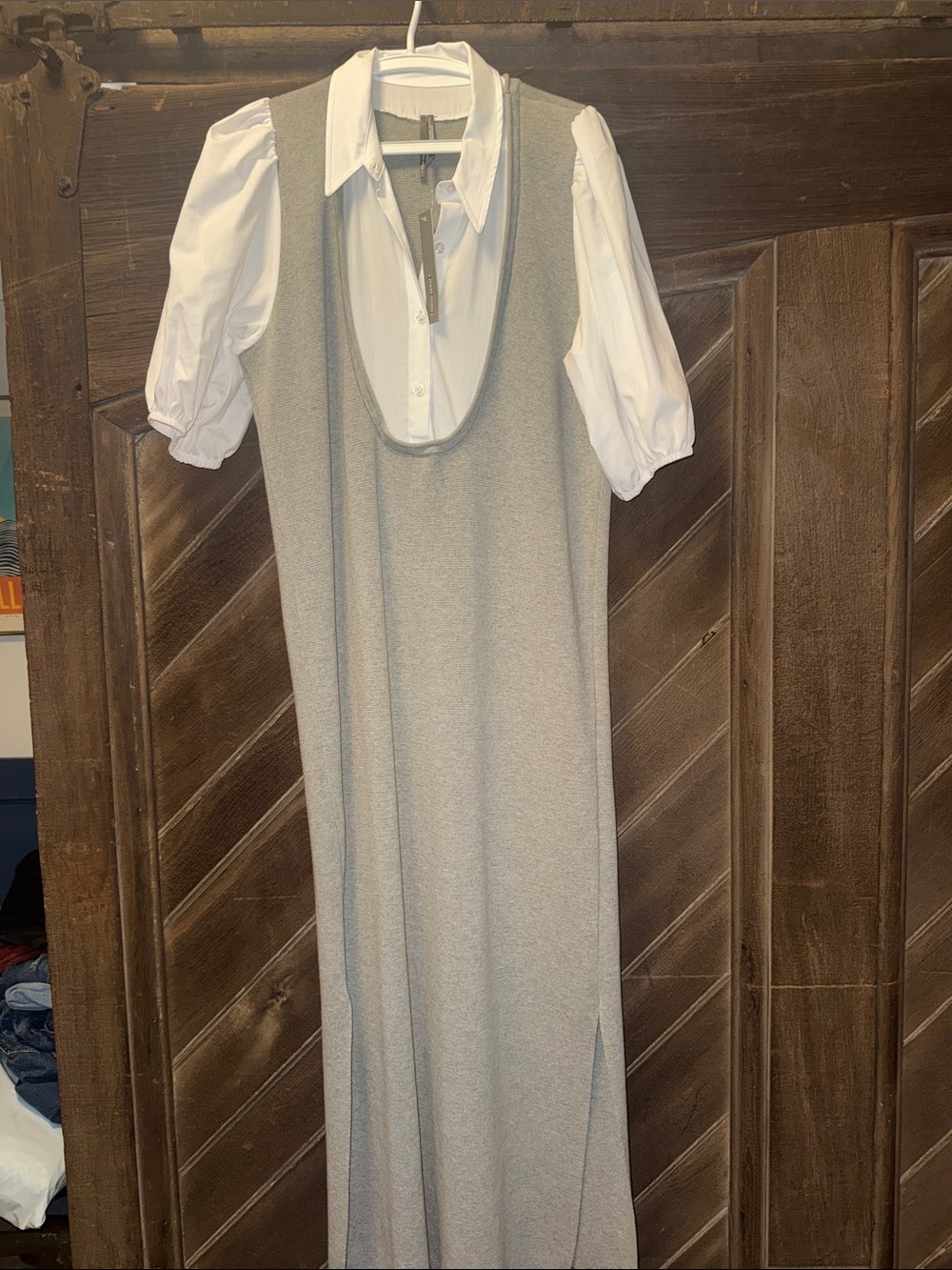 Anthropologie Grey Knit Sleeveless Maxi Dress with White Puff-Sleeve Blouse